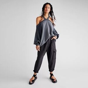 Free People off shoulder washed out black oversized sweater. Size XS